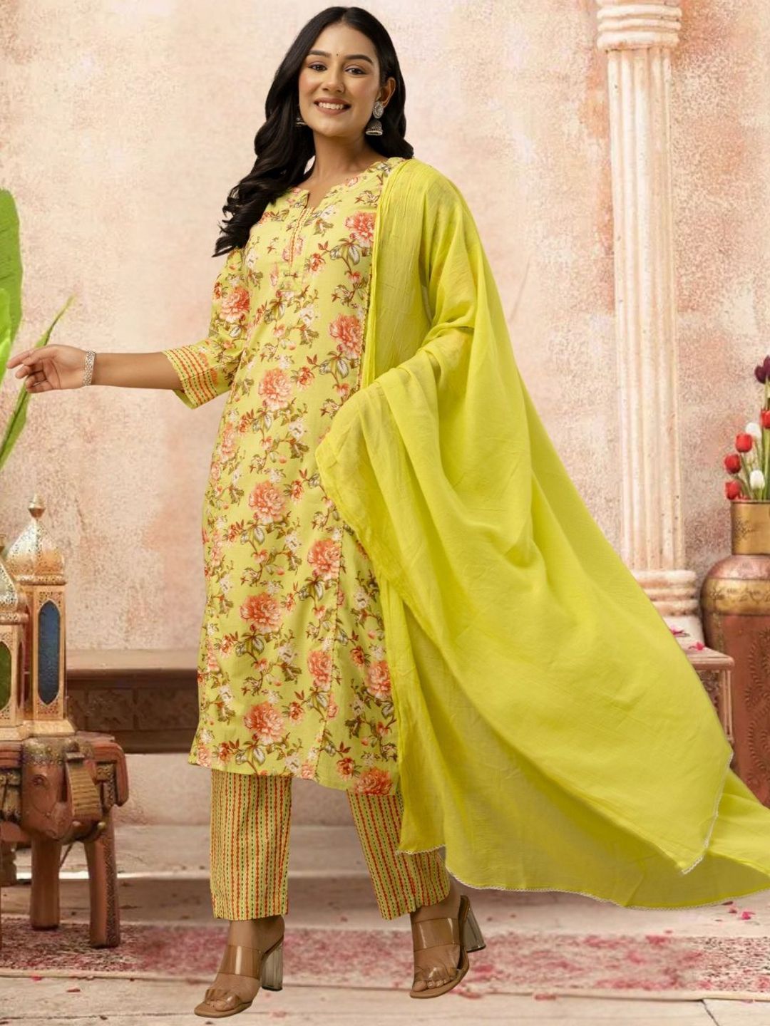 OZIA Women Ethnic Motifs Printed Mirror Work Pure Cotton Kurta with Trousers & Dupatta