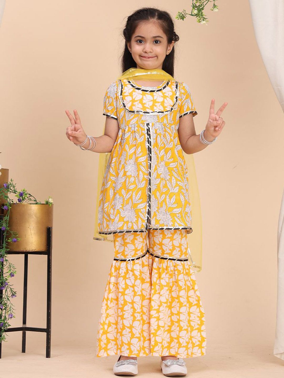 Cutiekins Girls Floral Printed A-Line Kurta with Sharara & Dupatta-picture-32
