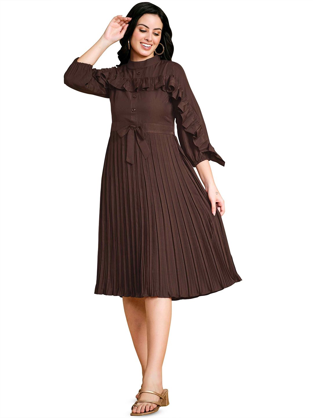 Glomee High Neck Ruffles Pleated Cotton Fit & Flare Dress