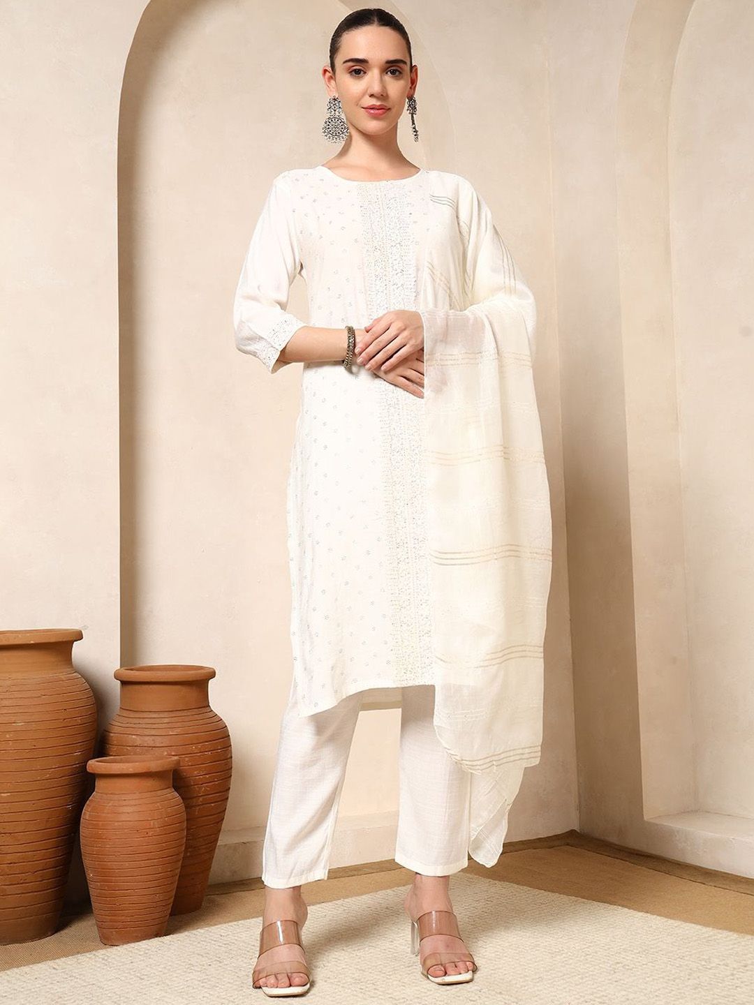 KALINI Ethnic Motifs Embroidered Thread Work Pure Cotton Kurta With Trousers & Dupatta