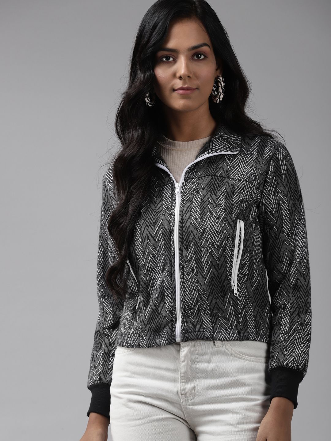 The Roadster Lifestyle Co. Chevron Printed Cotton Spread Collar Front-Open Jacket-picture-43