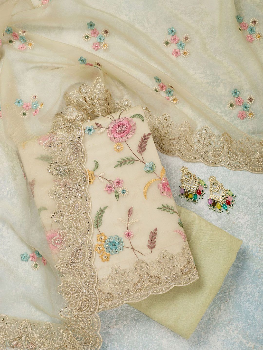 Koskii Floral Embroidered Sequinned Unstitched Dress Material