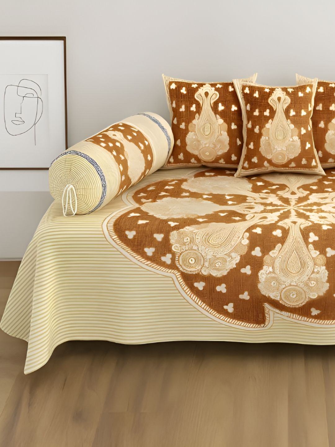 UrbanArts Set Of 6 Gold & Beige Printed Pure Cotton Diwan Set-picture-28