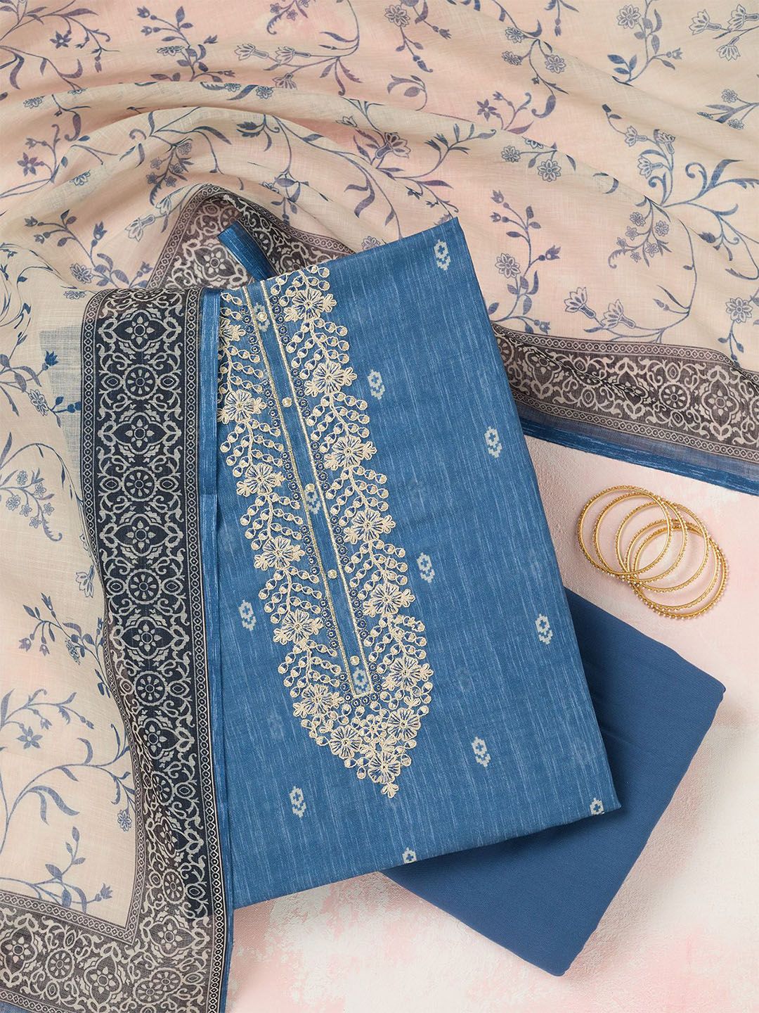 Koskii Geometric Printed Thread Work Linen Unstitched Dress Material-image-26