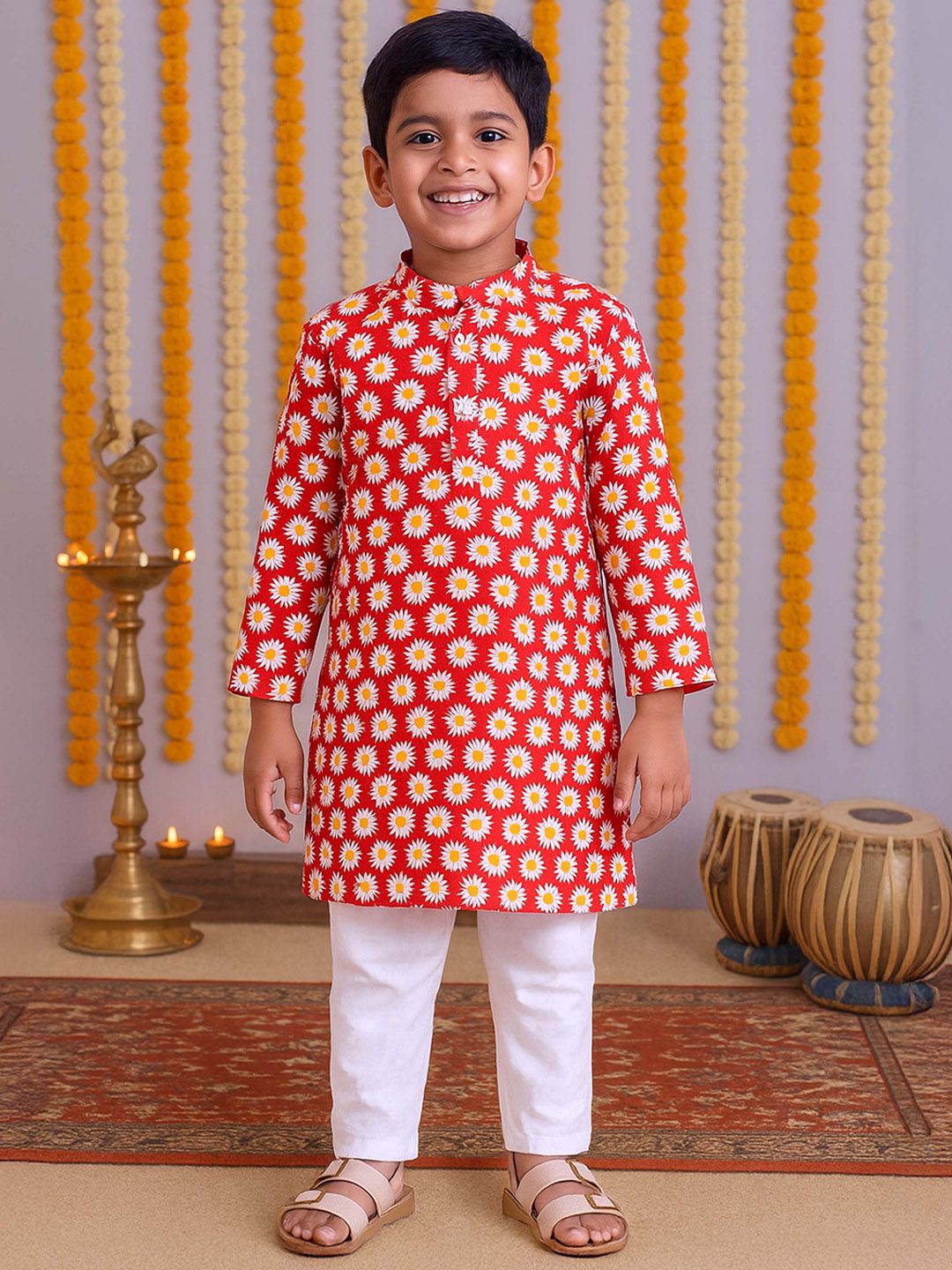 KiddoPanti Boys Floral Printed Cotton Kurta with Pyjama-picture-34