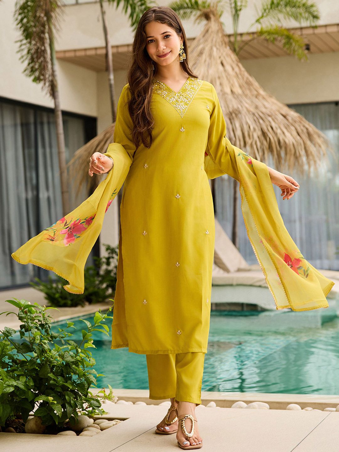 KALINI Women Ethnic Motif Embroidered Thread Work Kurta with Trousers & Dupatta