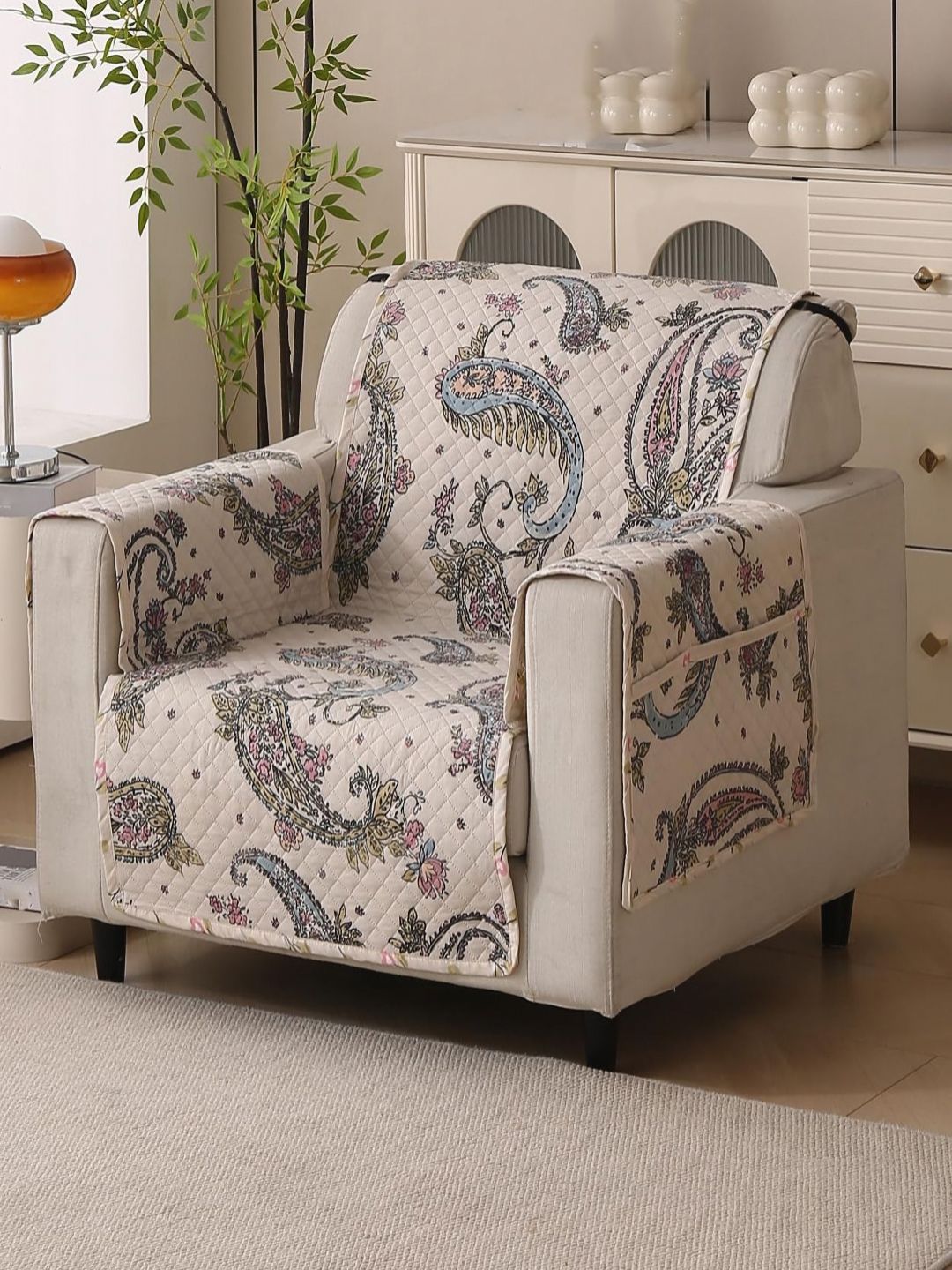HOUSE OF QUIRK One Seater White & Blue Printed Sofa Cover With Arms-picture-18