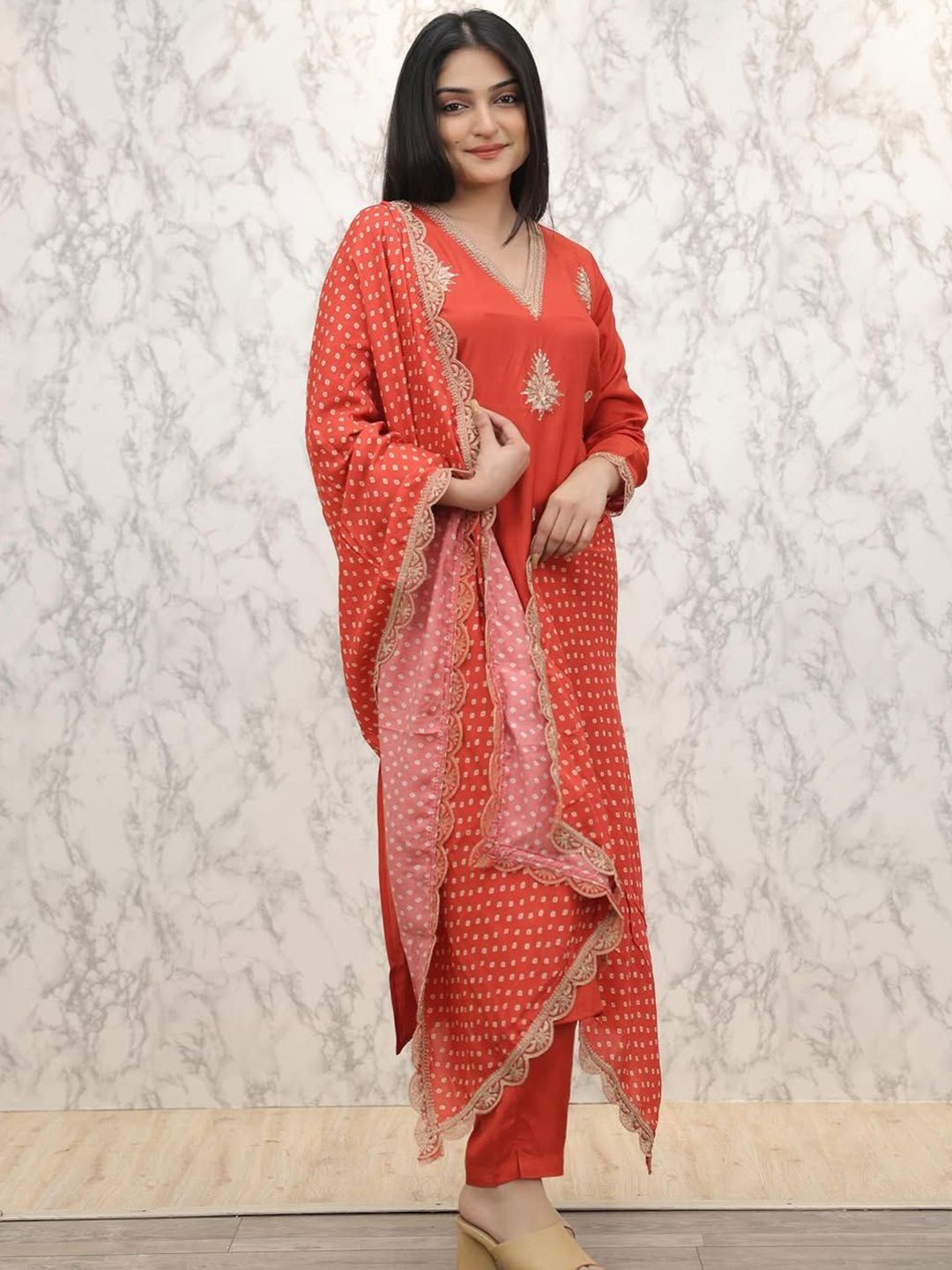DIVASTRI Women Woven Design Embroidered A-Line Kurta with Trousers & Dupatta