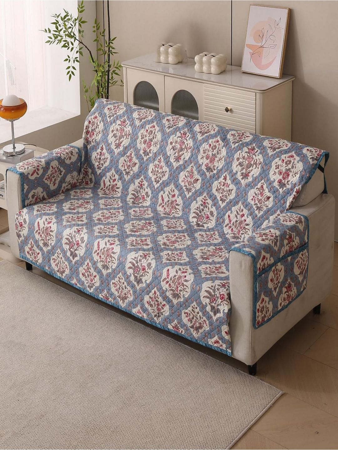 HOUSE OF QUIRK Three Seater Blue & White Printed Polyester 1 Piece Sofa Cover With Arms-image-35