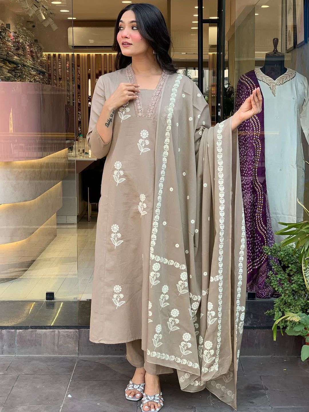 KALINI Floral Embroidered Thread Work Square Neck Kurta With Trousers & Dupatta