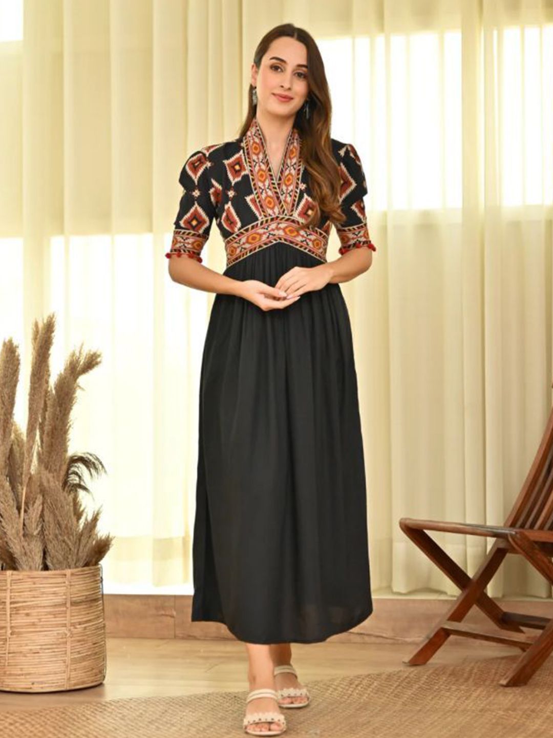 CRENOL THREADS Women Print Puff Sleeve Maxi Midi Dress