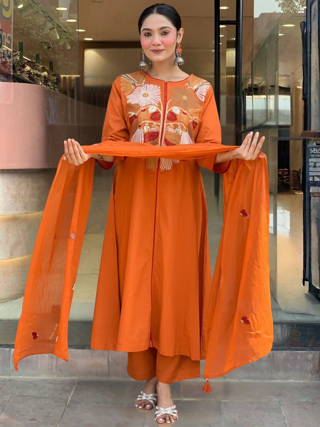 Navlik Floral Embroidered Round Neck Chanderi Cotton A-Line Kurta With Trousers & Dupatta