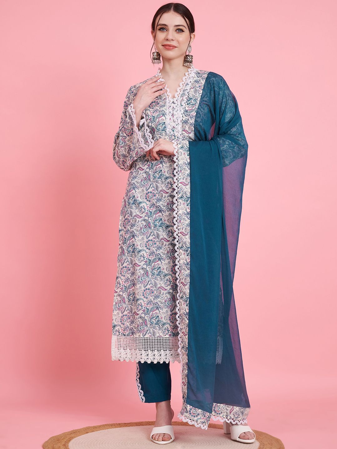 GULMEHAK Women Floral Printed Cotton Kurta with Trousers & Dupatta