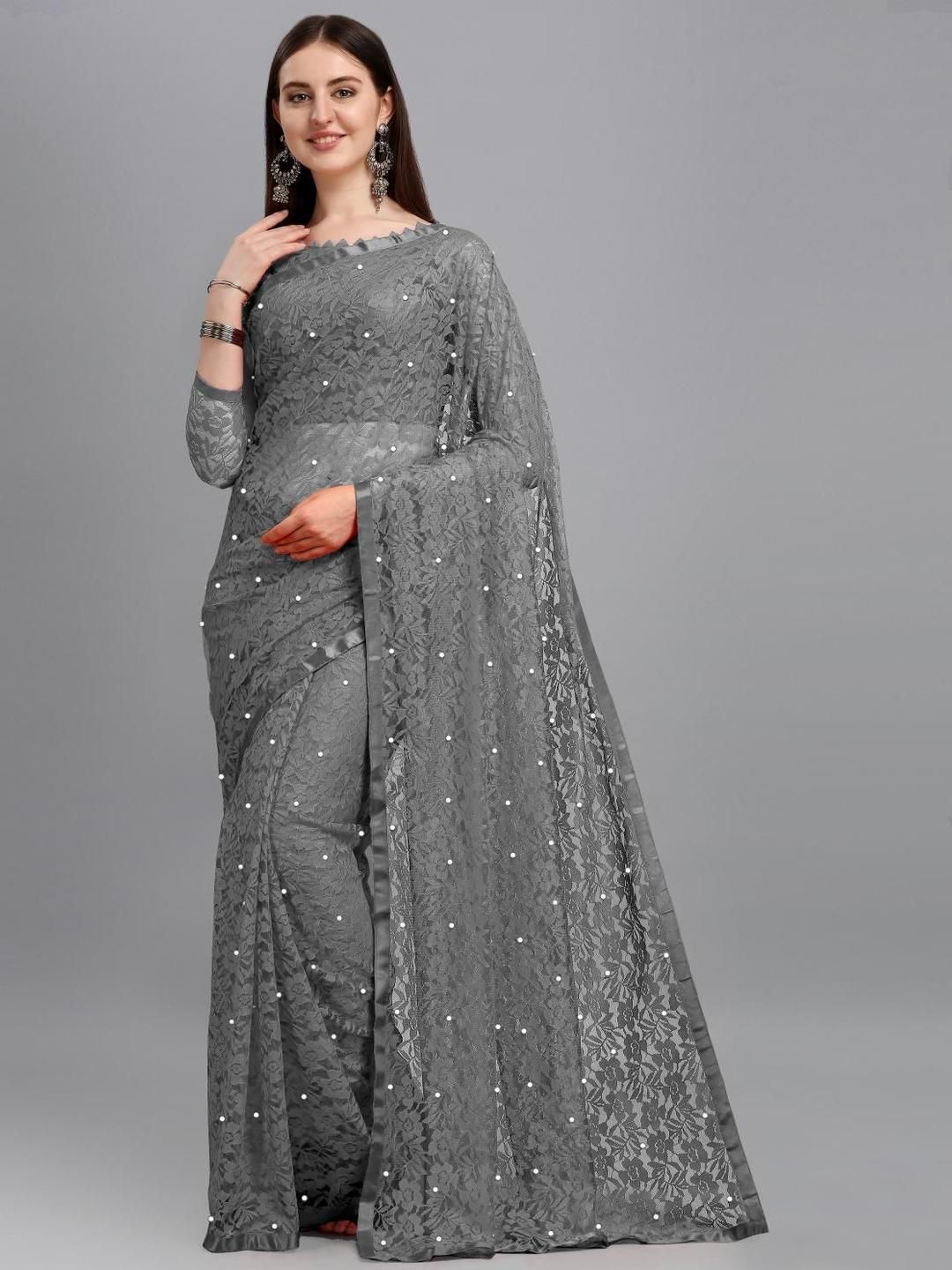 LOROFY Floral Beads and Stones Net Saree-picture-29
