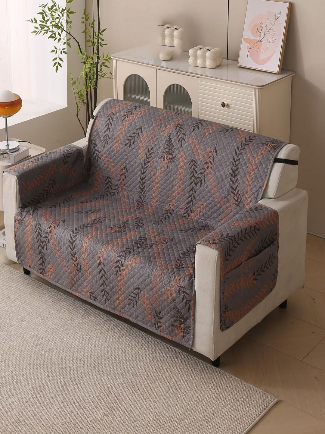 HOUSE OF QUIRK Two Seater Brown & Orange Printed 1 Piece Sofa Cover With Arms-picture-14