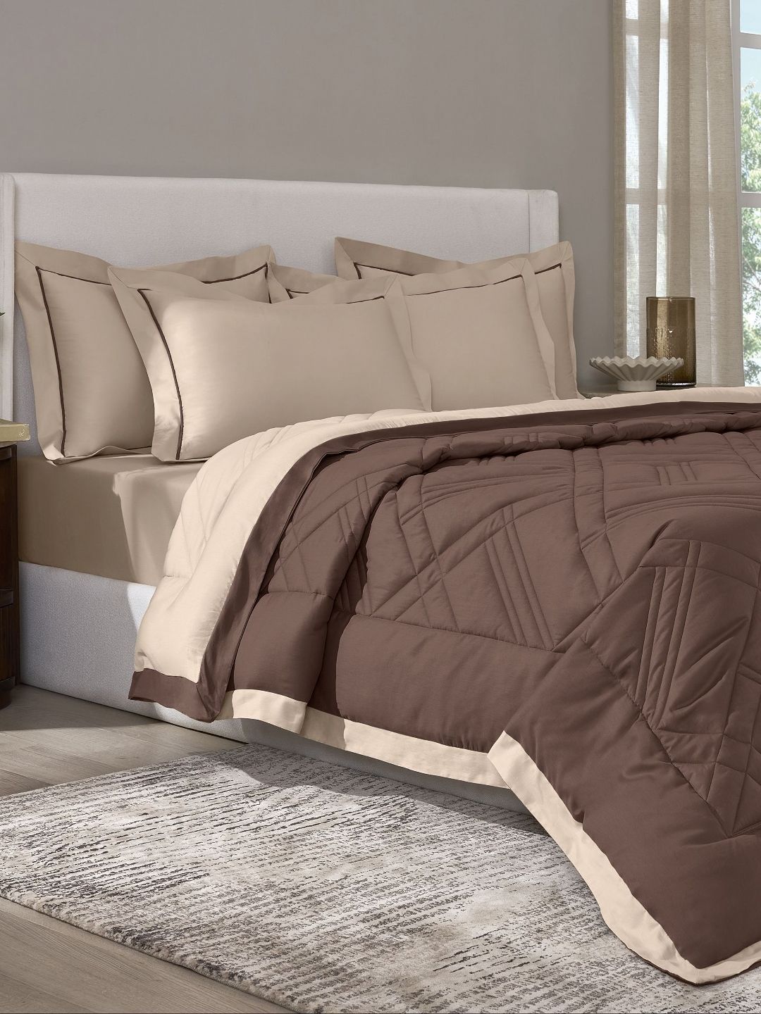 SANSAAR A DDECOR BRAND LIVE CONSCIOUSLY Beige & Brown Geometric Cotton 4 Piece Double Extra Large Superfine Bedding Set-picture-33
