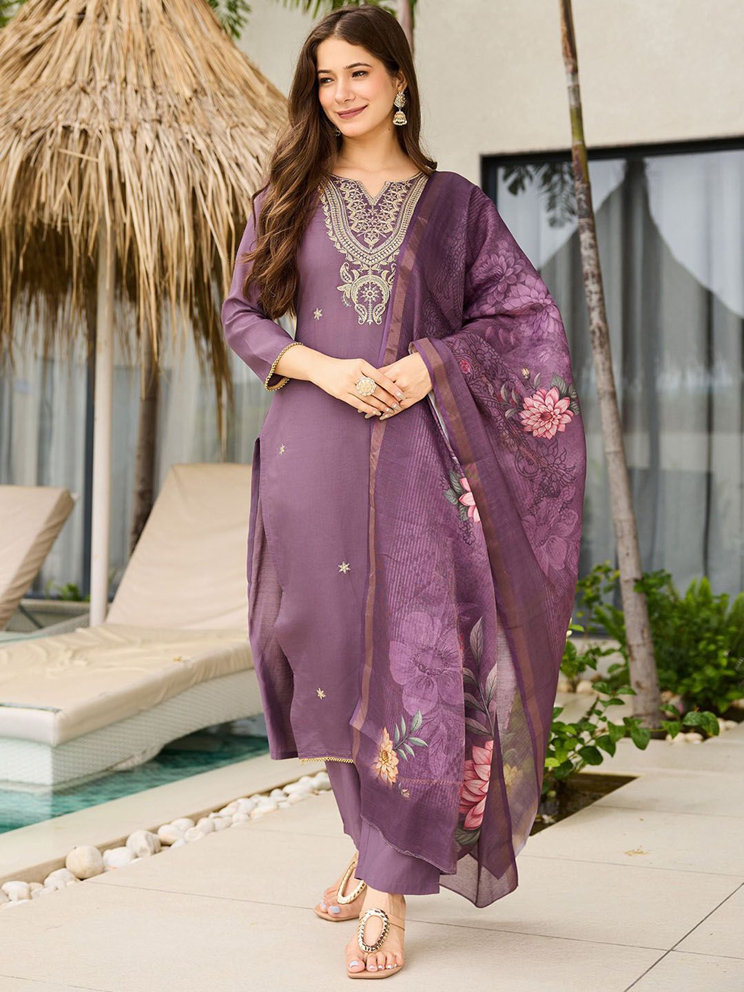KALINI Ethnic Motifs Embroidered Notch Neck Zari Straight Kurta With Trousers & Dupatta