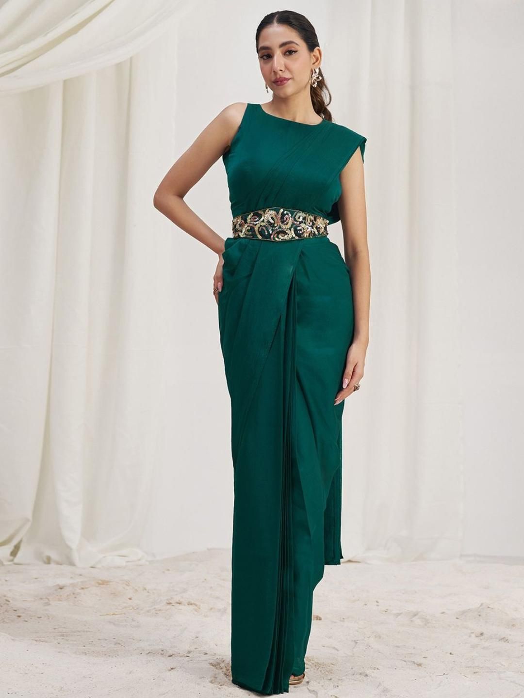 ODETTE Green Organza Solid Ready To Wear Saree With Stitched Blouse-picture-23
