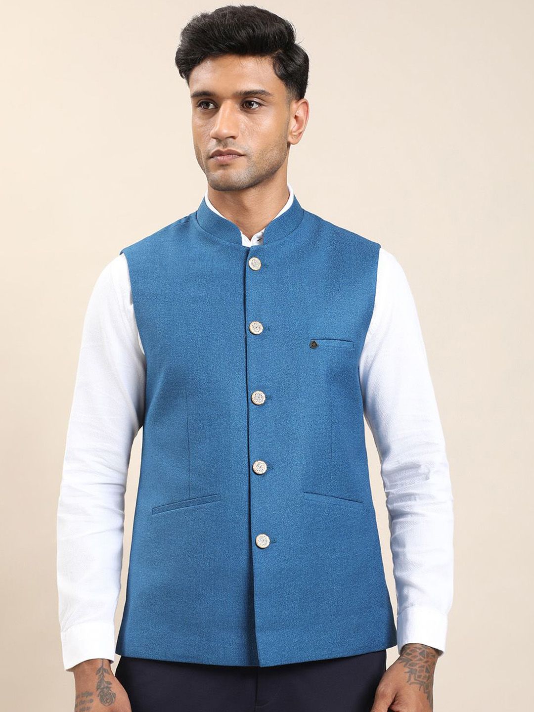 Turtle Self-Design Slim-Fit Pure Cotton Woven Nehru Jacket-image-7