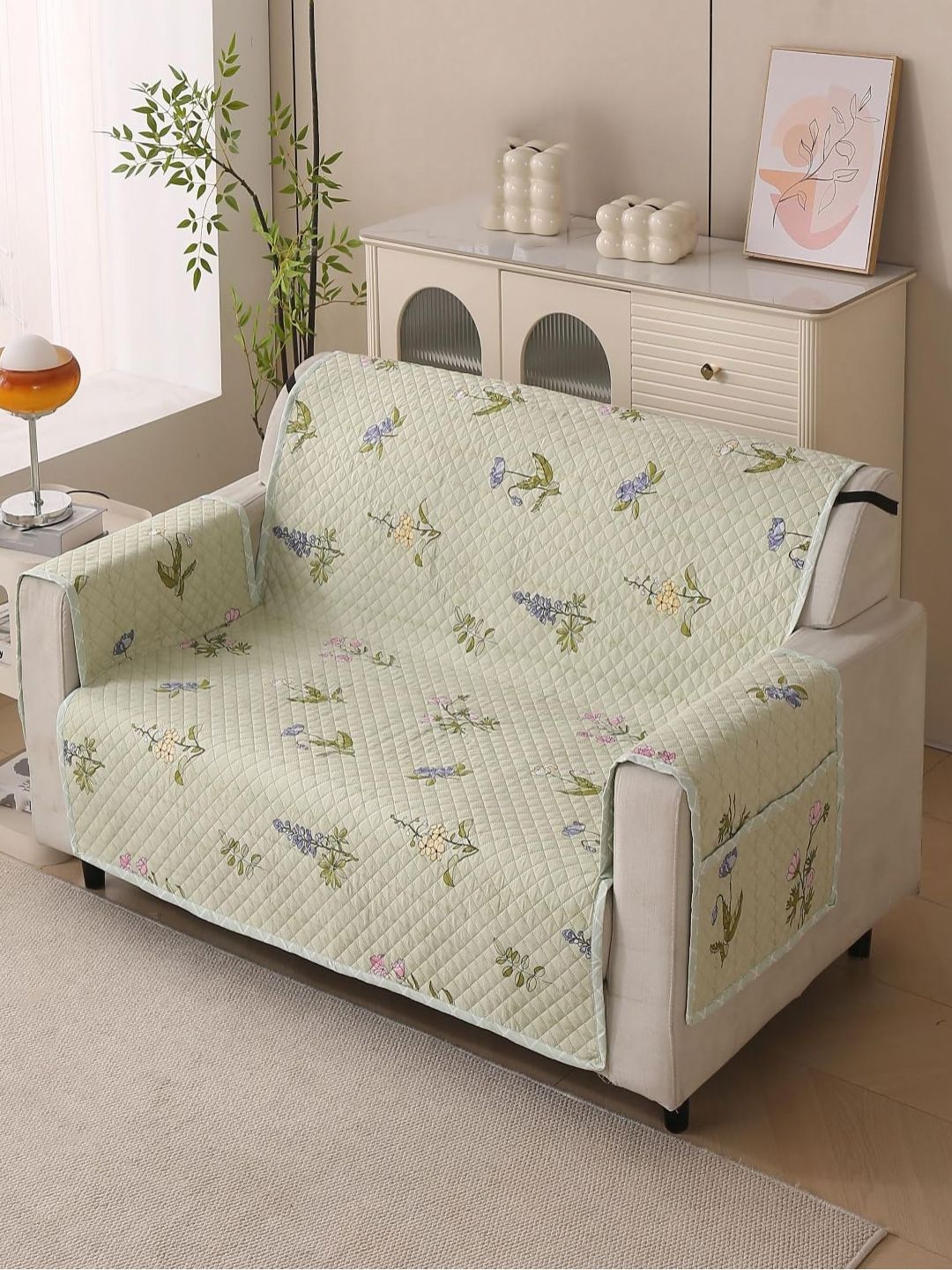 HOUSE OF QUIRK Green & Pink Printed 2 Seater Sofa Cover With Arms-image-40