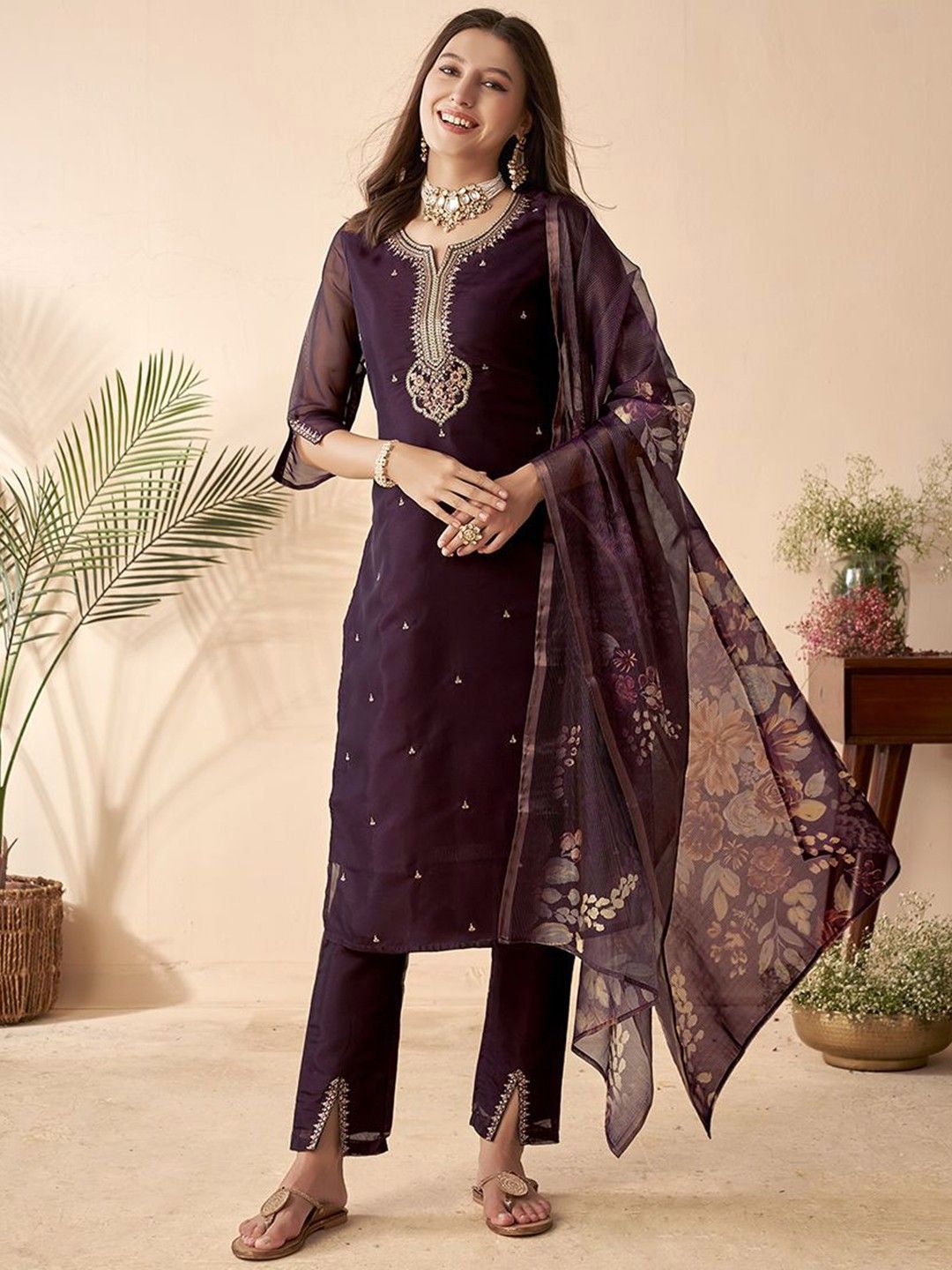 DIVASTRI Floral Embroidered Sequinned Pure Cotton Straight Kurta With Trousers & Dupatta