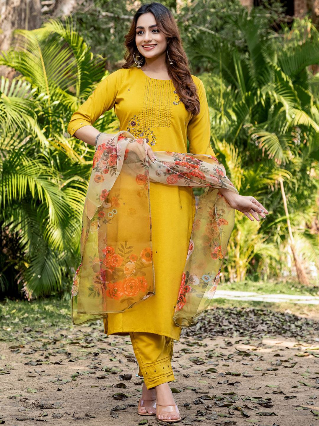 HERE&NOW Women Embroidered Regular Pure Silk Kurta with Trousers & Dupatta Kurta Sets