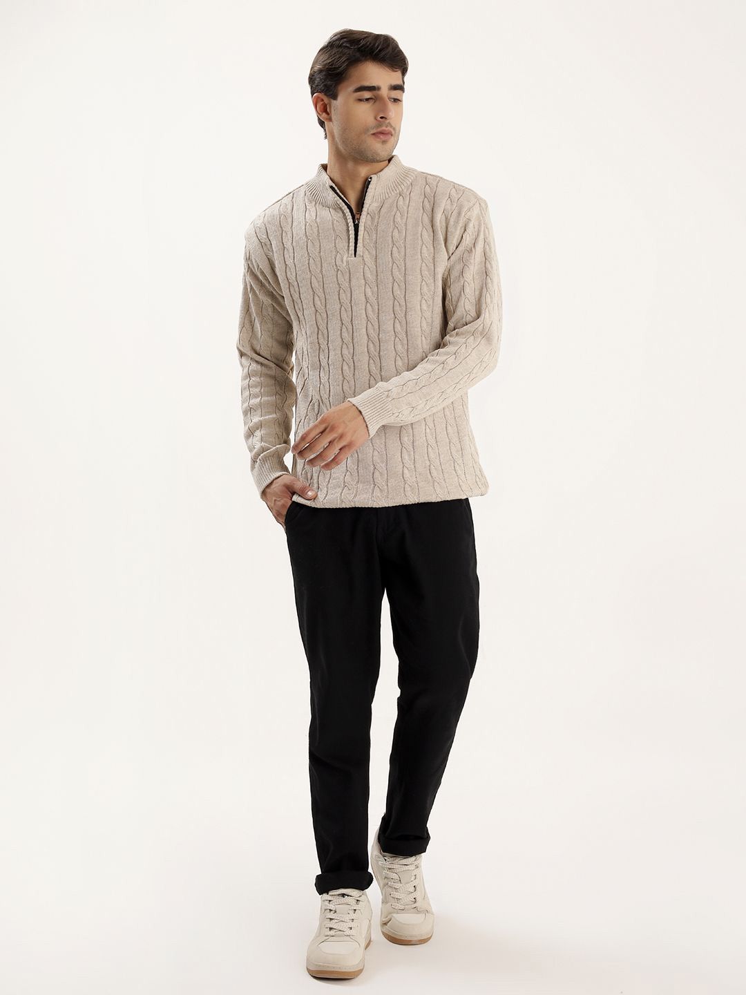 Kveto style redefined Men Cable Knit Self Design Mock Collar Half Zipper Pullover-picture-11