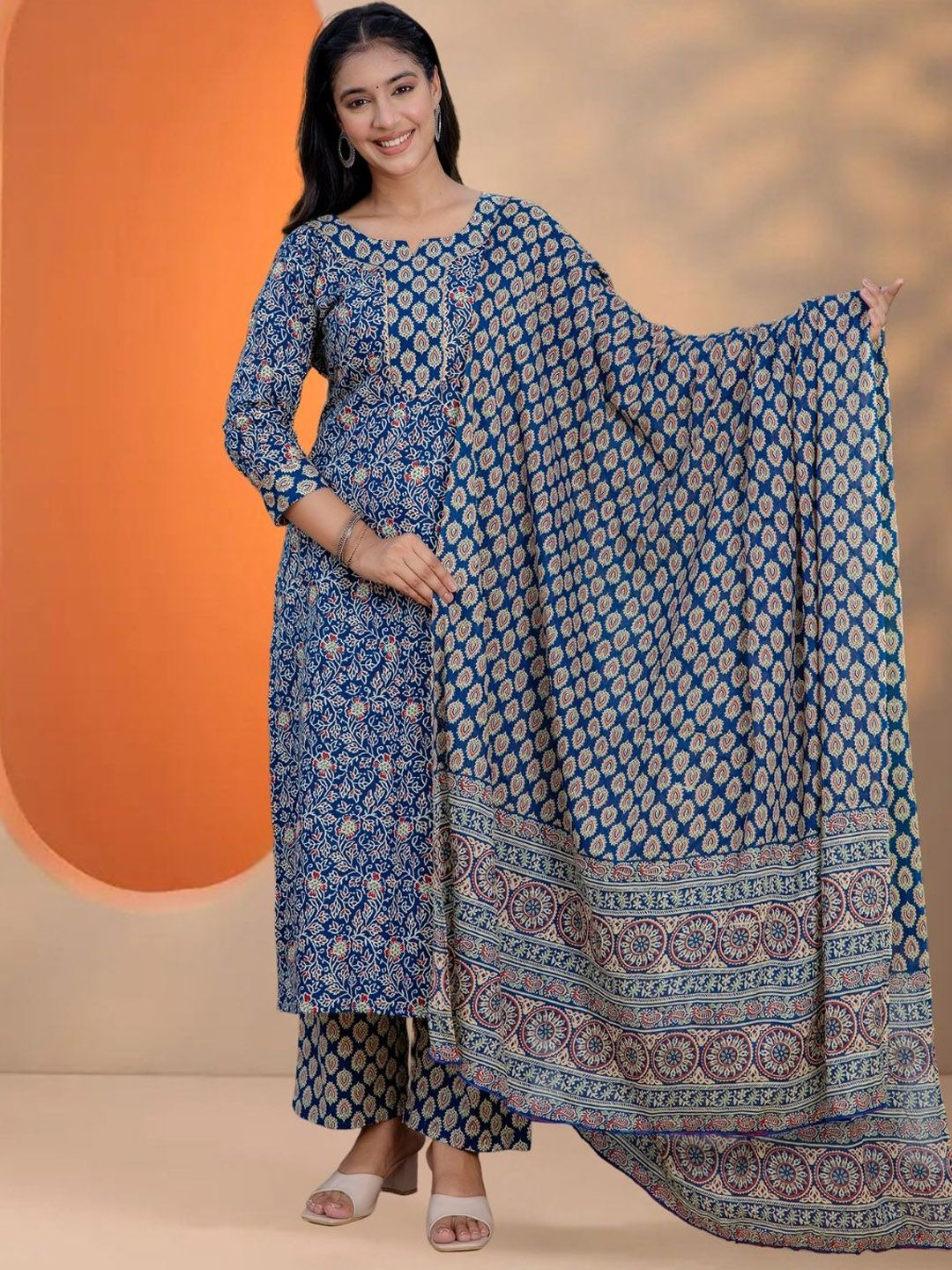 OZIA Floral Printed Round Neck Pure Cotton Kurta With Trousers & Dupatta