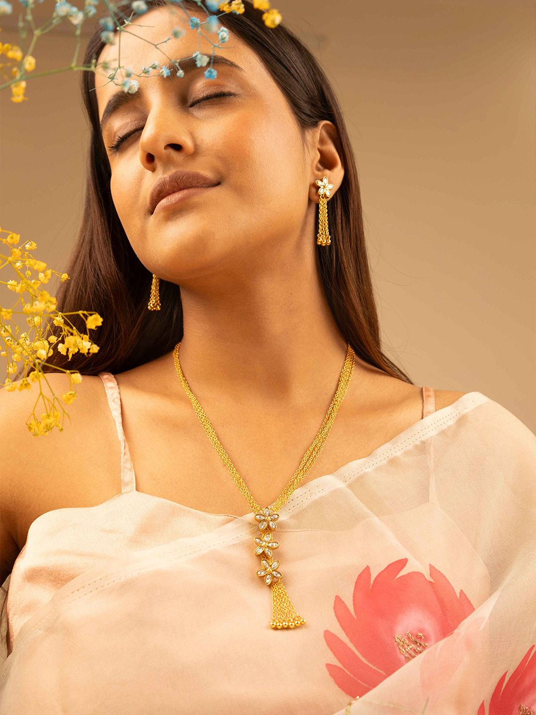 Shyle 925 Sterling Silver Gold Plated Kundan Studded Flower Sequence Necklace-picture-23