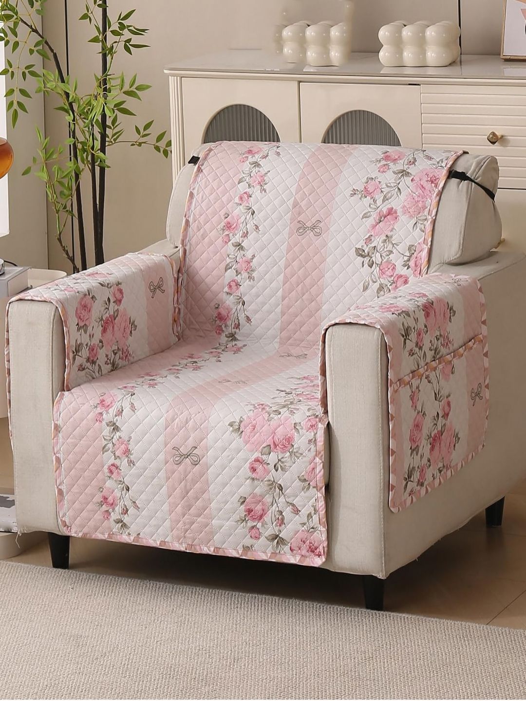 HOUSE OF QUIRK One Seater Pink & White Printed Sofa Cover With Arms-image-9