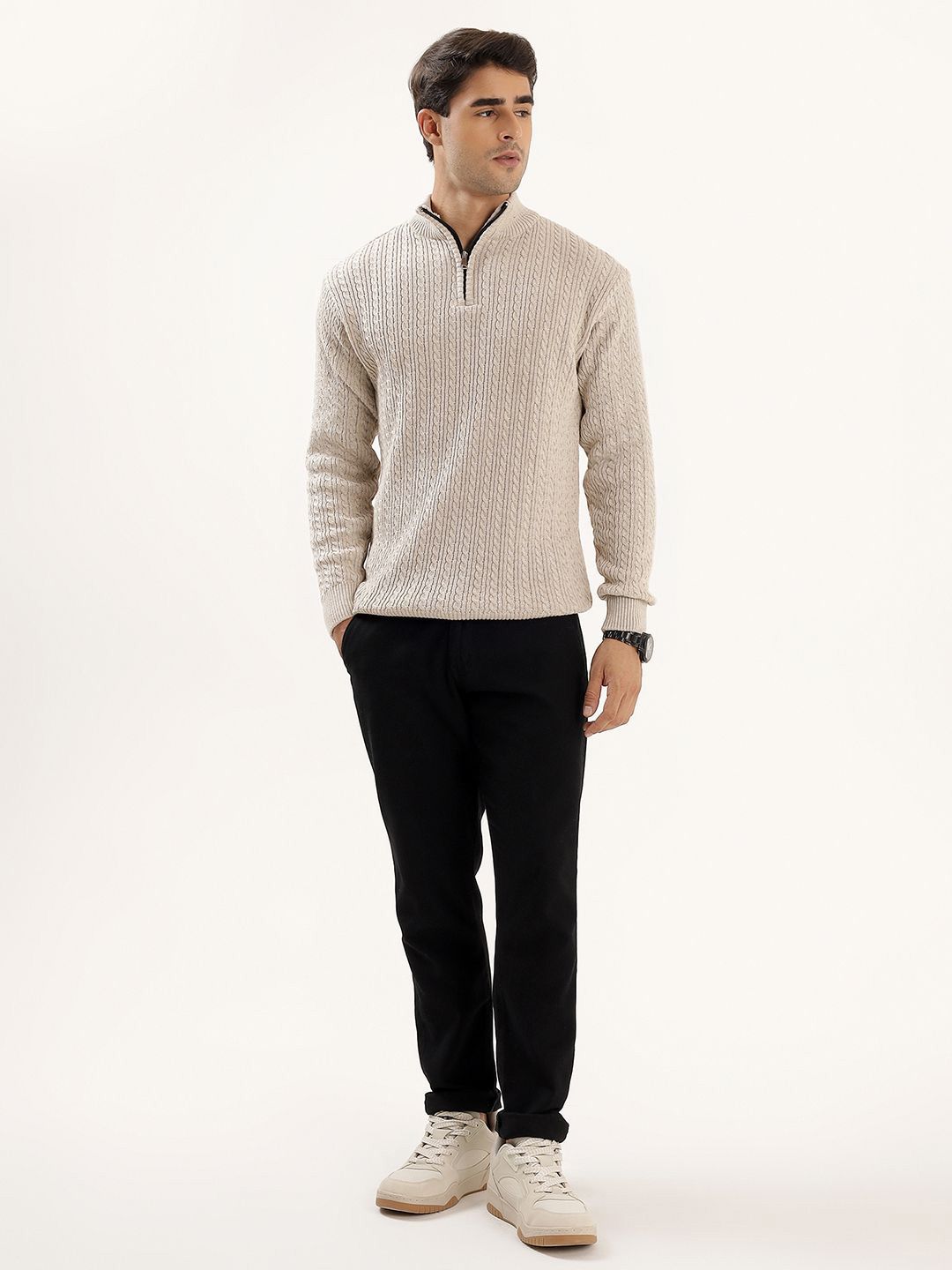 Kveto style redefined Self Design Mock Collar Ribbed Half Zipper Sweater-picture-20