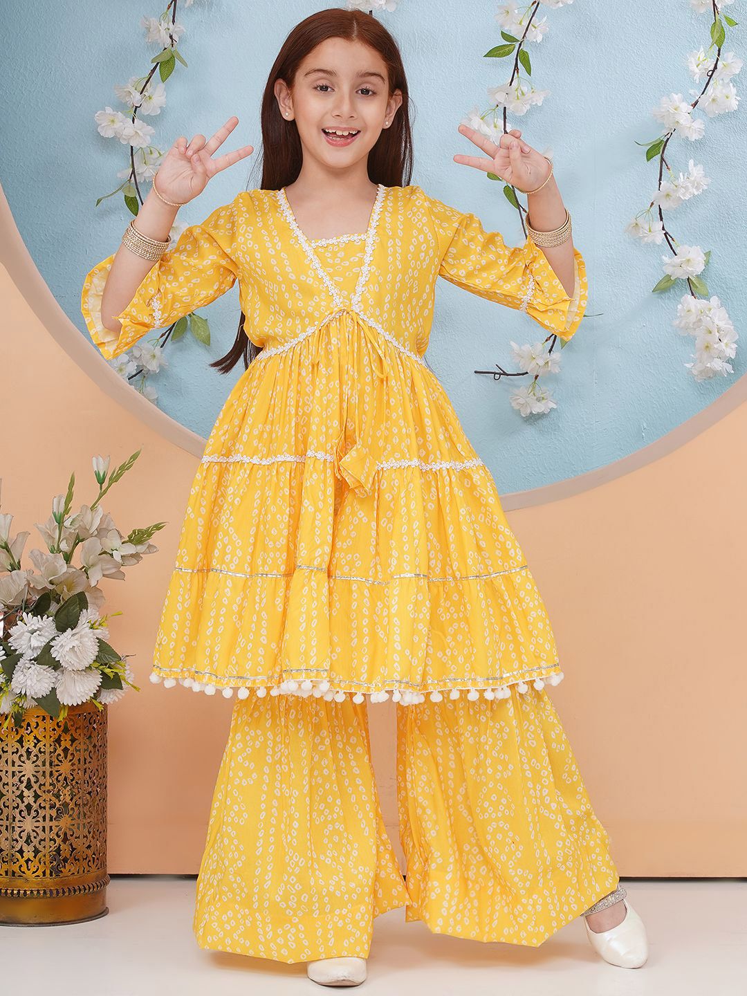 Little Zing Girls Bandhani Printed Cotton A-Line Kurta with Sharara-picture-48