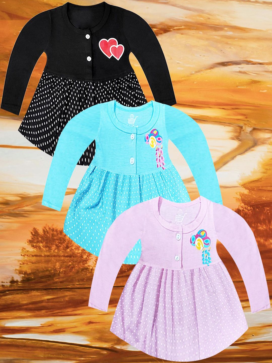 KidzzCart Girls Pack Of 3 Polka Dots Printed Round Neck Cotton Fit & Flare Dress-picture-52