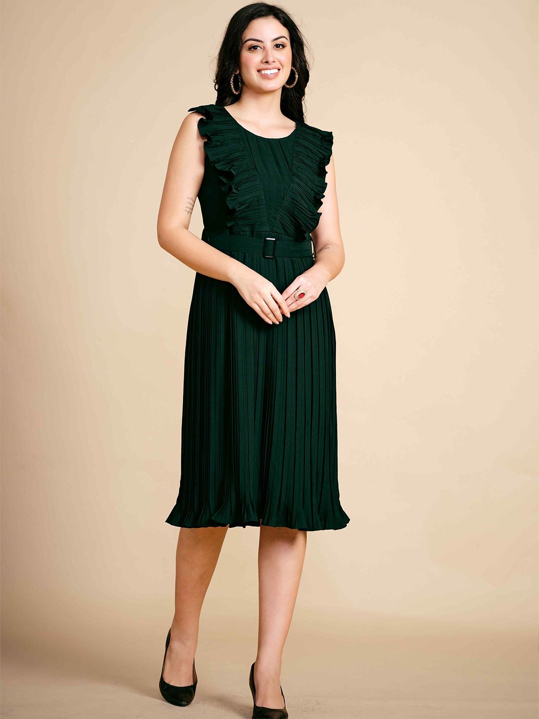 Glomee Women Round Neck Ruffles Fit & Flare Dress with Belt
