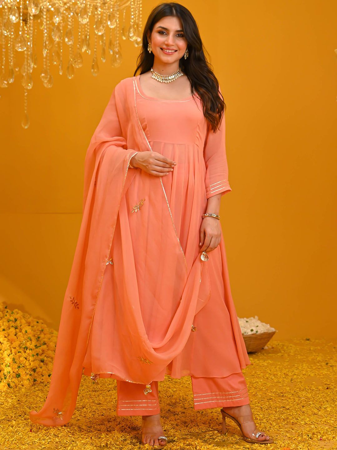 DIVASTRI Women Solid Anarkali Kurta with Trousers & Dupatta