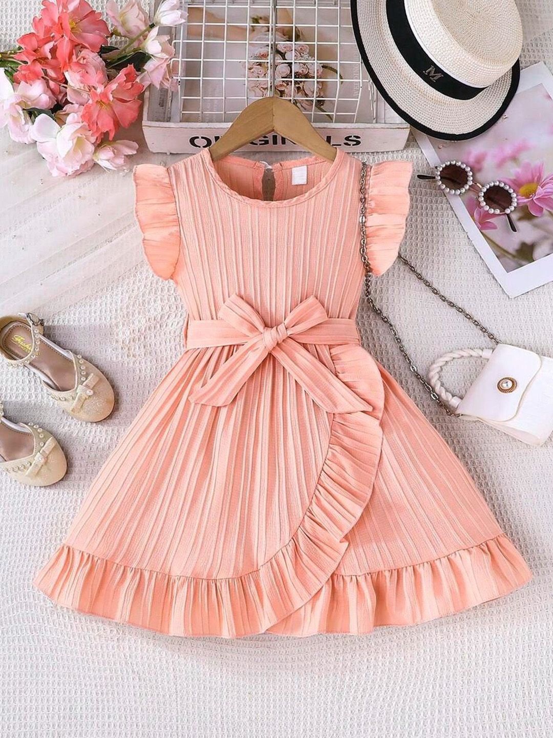 BAESD Girls Self Design Bow Detail Flutter Sleeve Cotton Fit and Flare Dress-picture-41