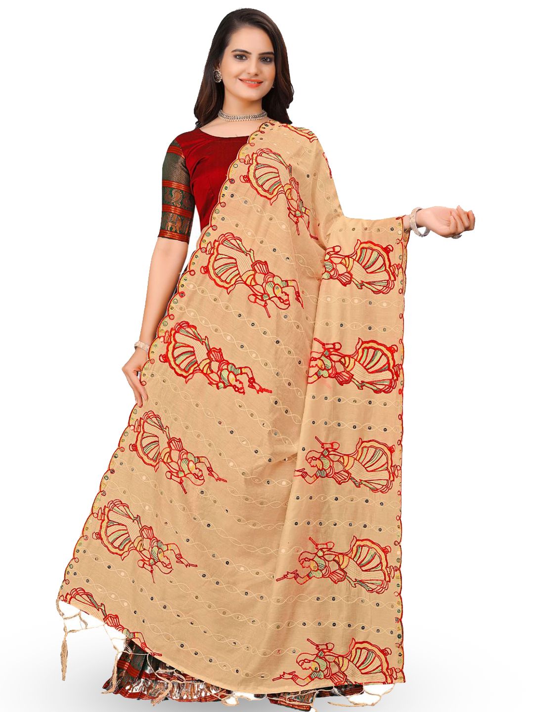 Kemza Ethnic Motifs Embroidered Chanderi Cotton Dupatta With Mirror Work-picture-30