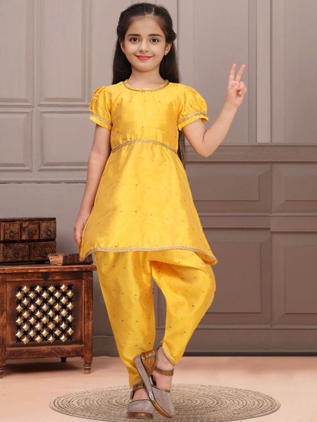 Cutiekins Girls Floral Embroidered Gotta Patti A-Line Kurta With Dhoti Pants-picture-42