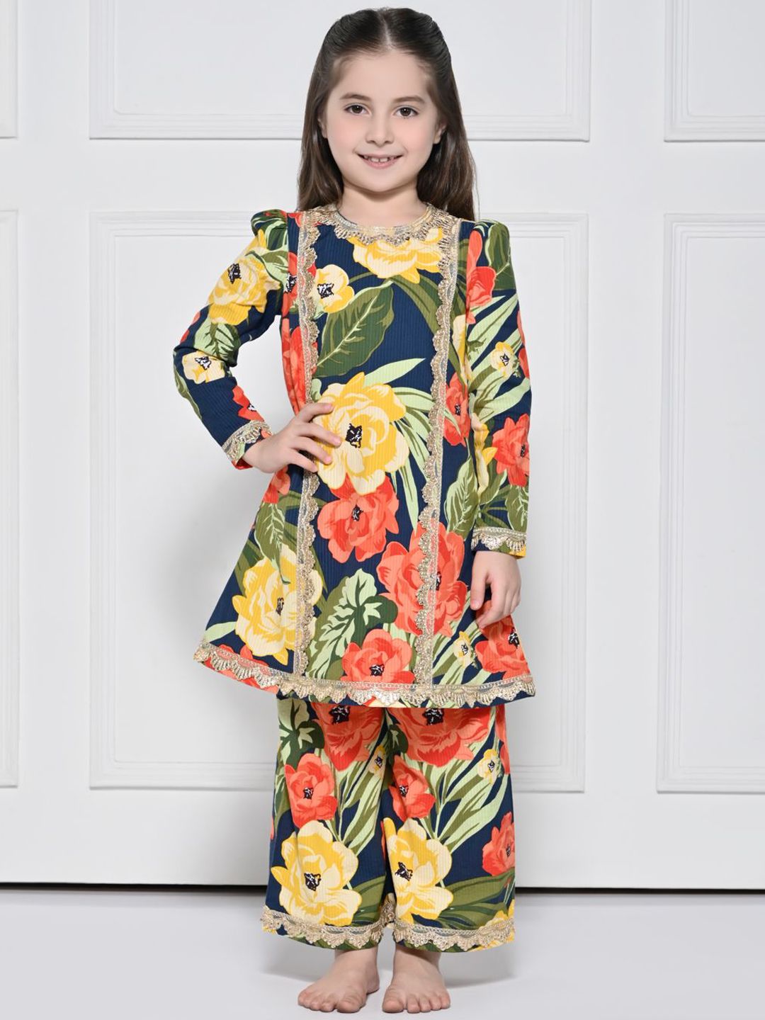 THE PONY & PEONY CO. Girls Floral Printed Pure Cotton Kurta with Palazzos-picture-23