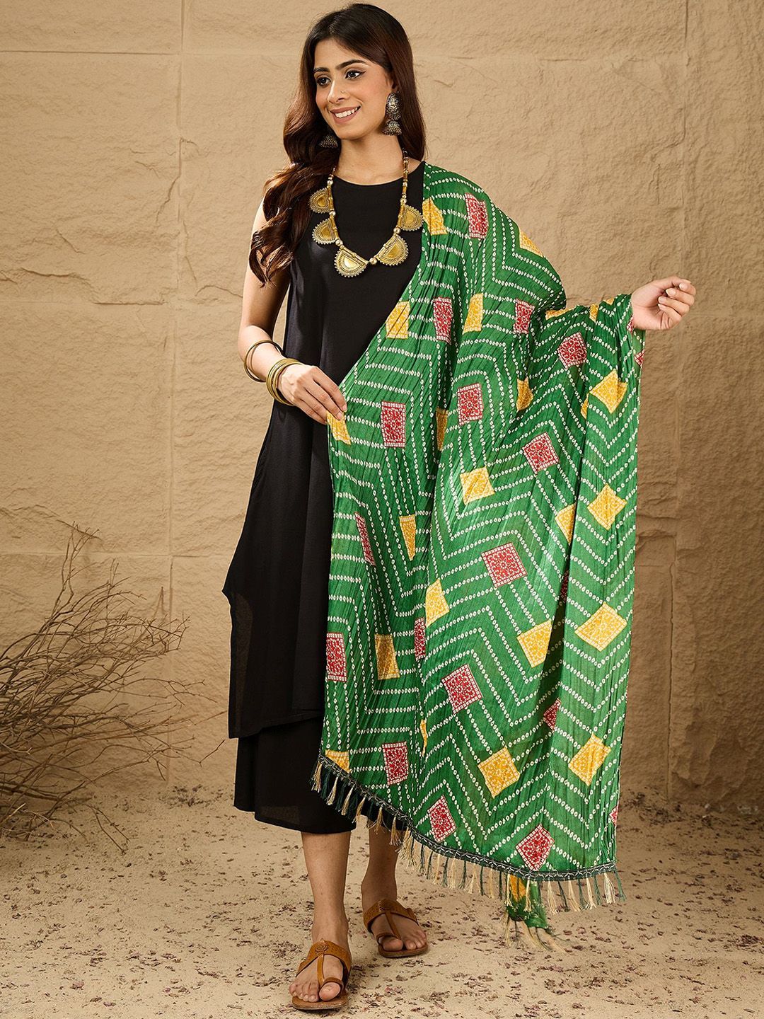InWeave Round Neck A-Line Kurta With Palazzos & Dupatta