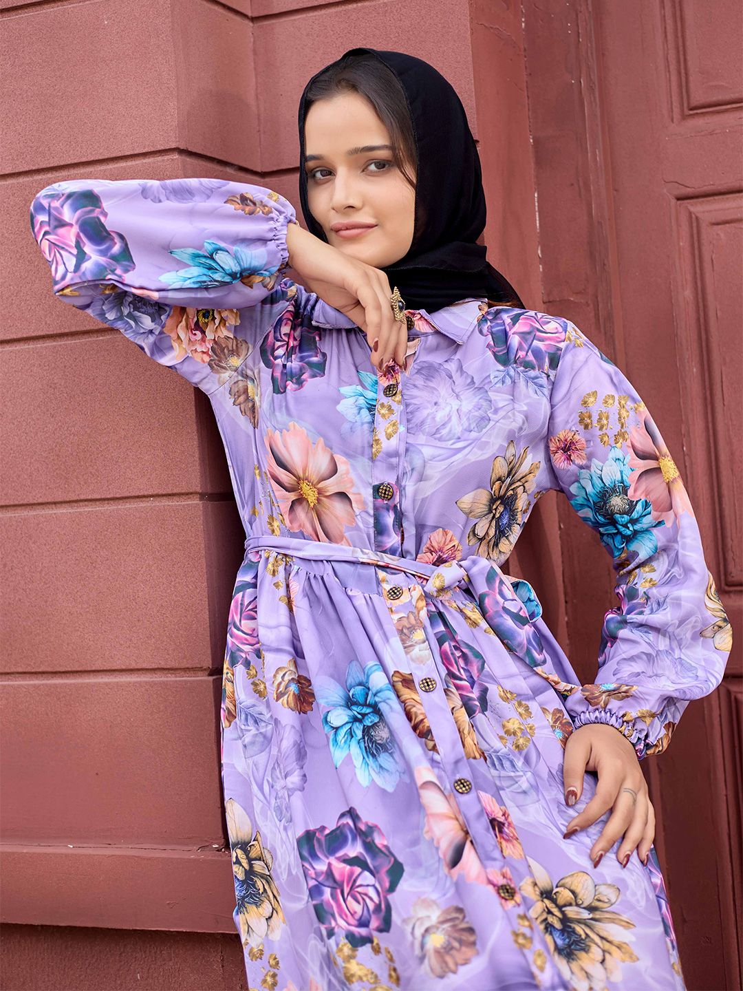 SARINKU Women Floral Printed Puff Sleeve Fit & Flare Maxi Dress