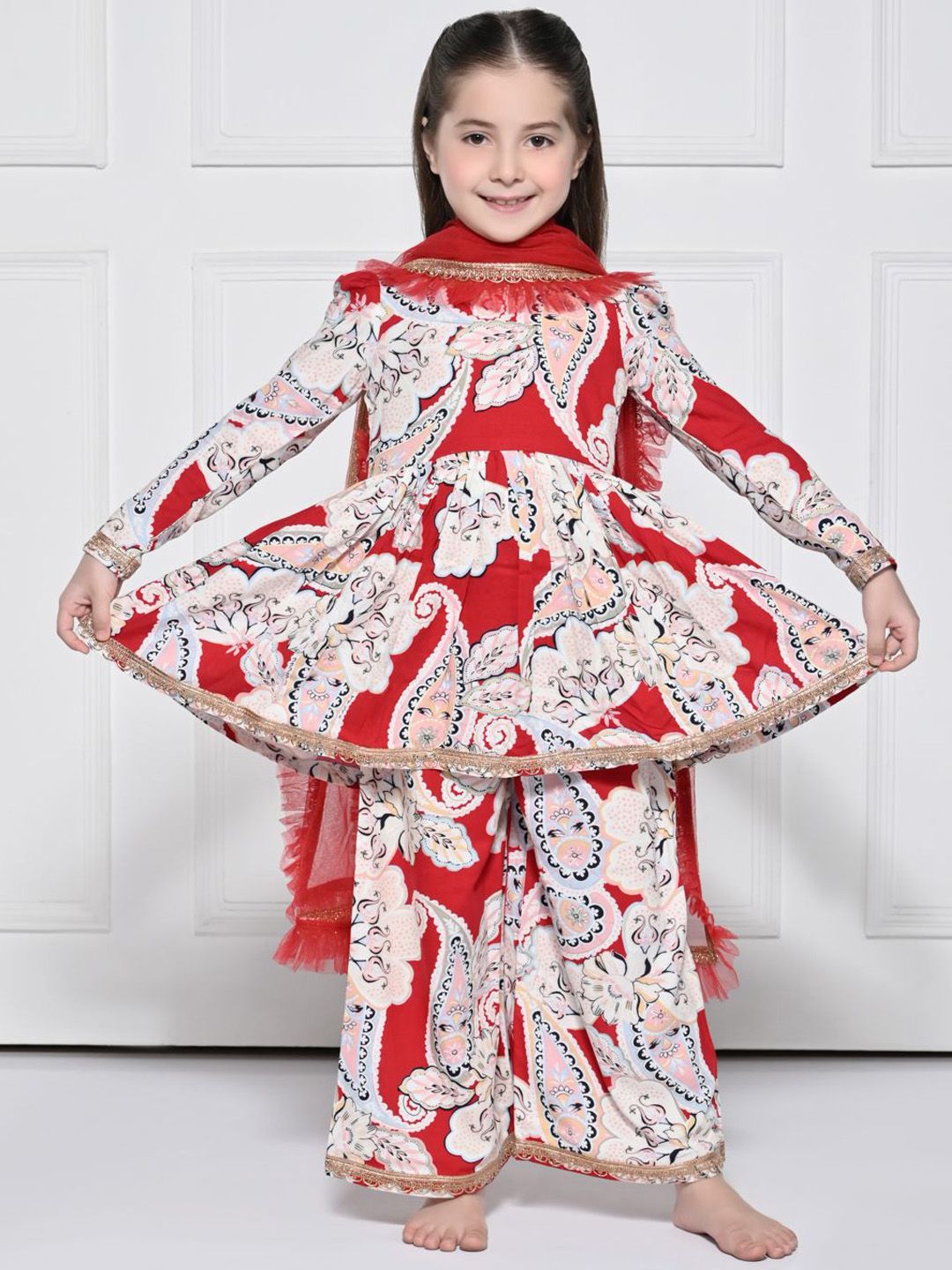 THE PONY & PEONY CO. Girls Paisley Printed A-Line Kurta With Palazzo & Dupatta-picture-40