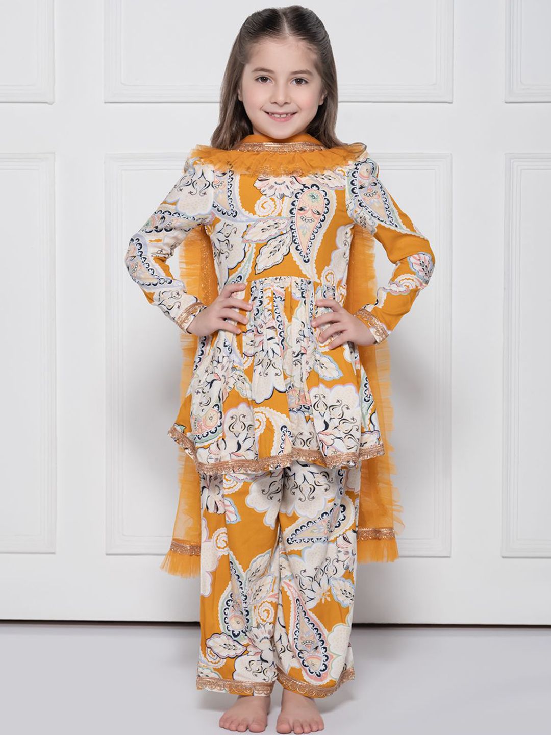 THE PONY & PEONY CO. Girls Floral Printed Pure Cotton Kurta & Palazzo With Dupatta-picture-31