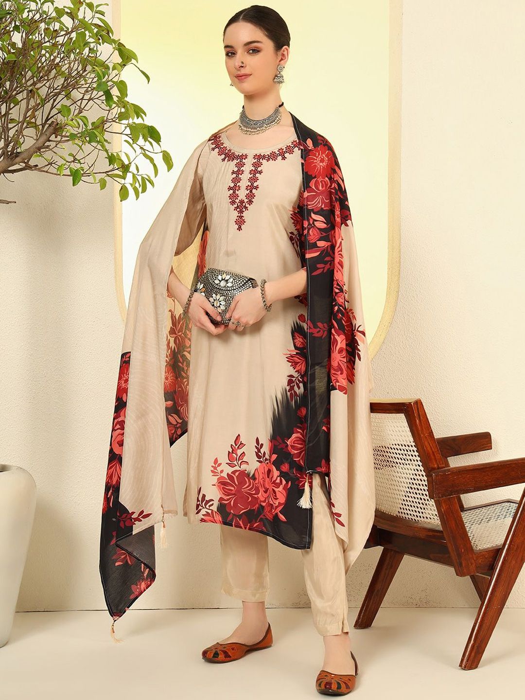 Spera Floral Printed Straight Mirror Work Kurta With Trousers & Dupatta