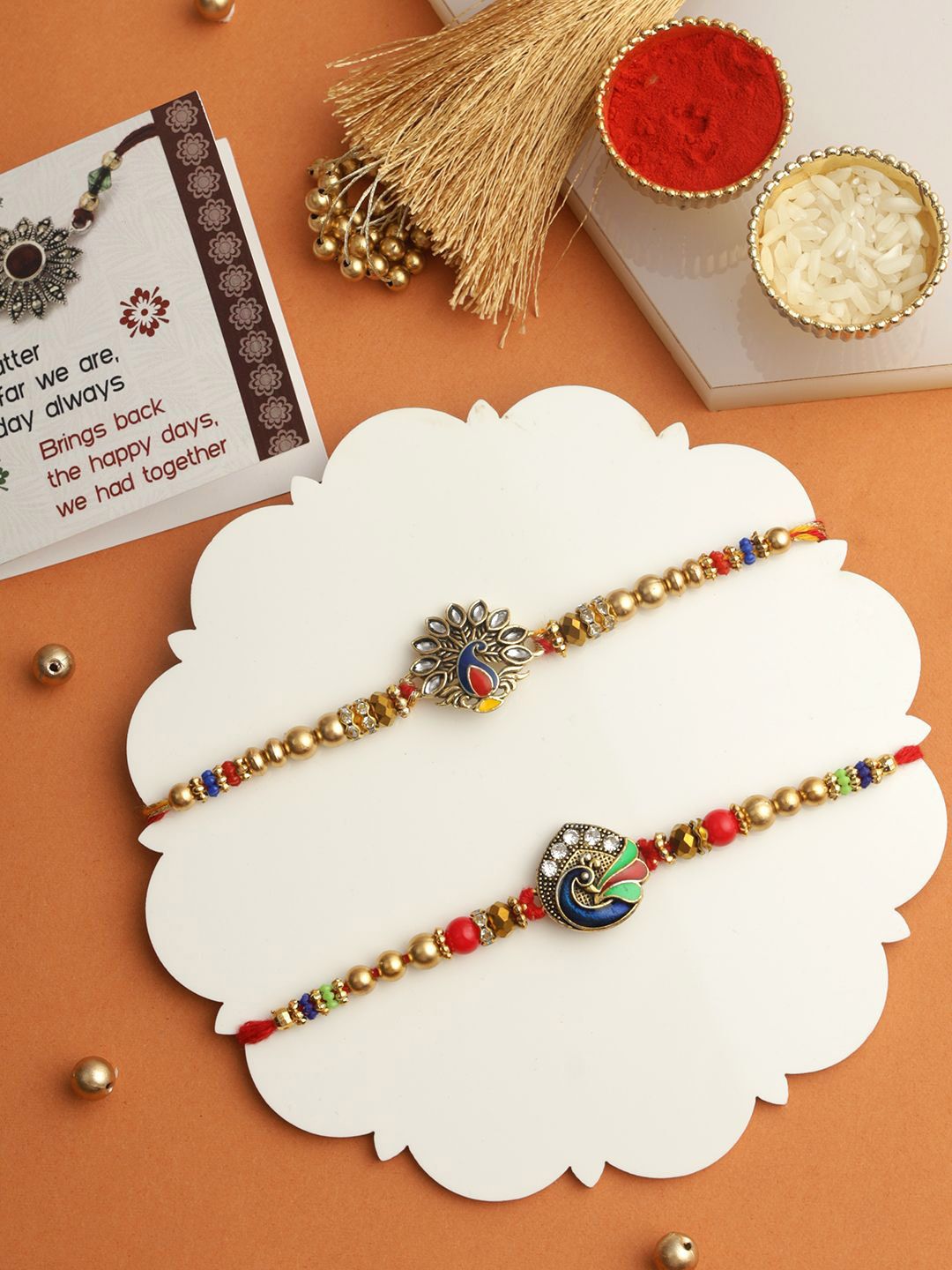 TIED RIBBONS Set Of 2 Artificial Stones Studded & Beaded Peacock Thread Rakhis-picture-7