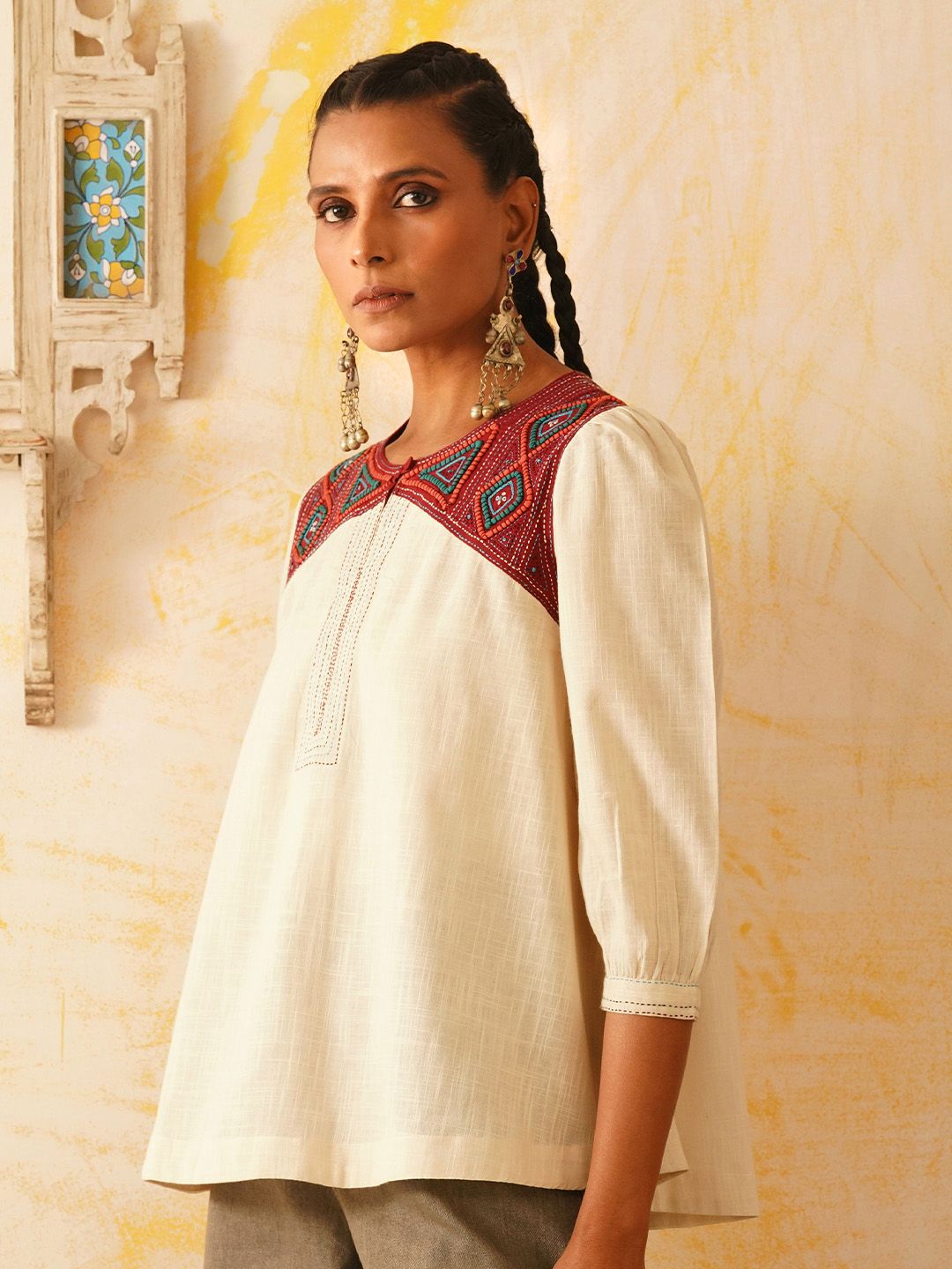 JAYPORE Embroidered Keyhole Neck Cotton Top-picture-54