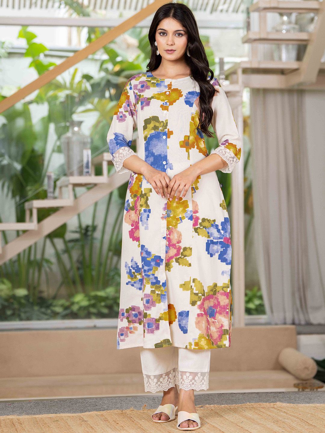 Pistaa Abstract Printed Pure Cotton A-Line Kurta With Trousers