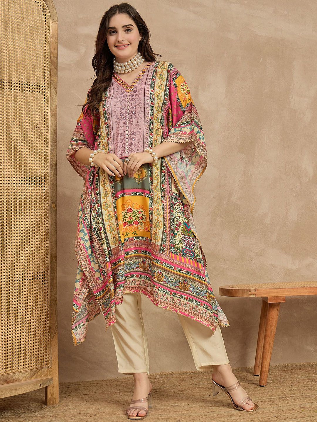 Moda Rapido Floral Printed V-Neck Kaftan Kurta With Trousers