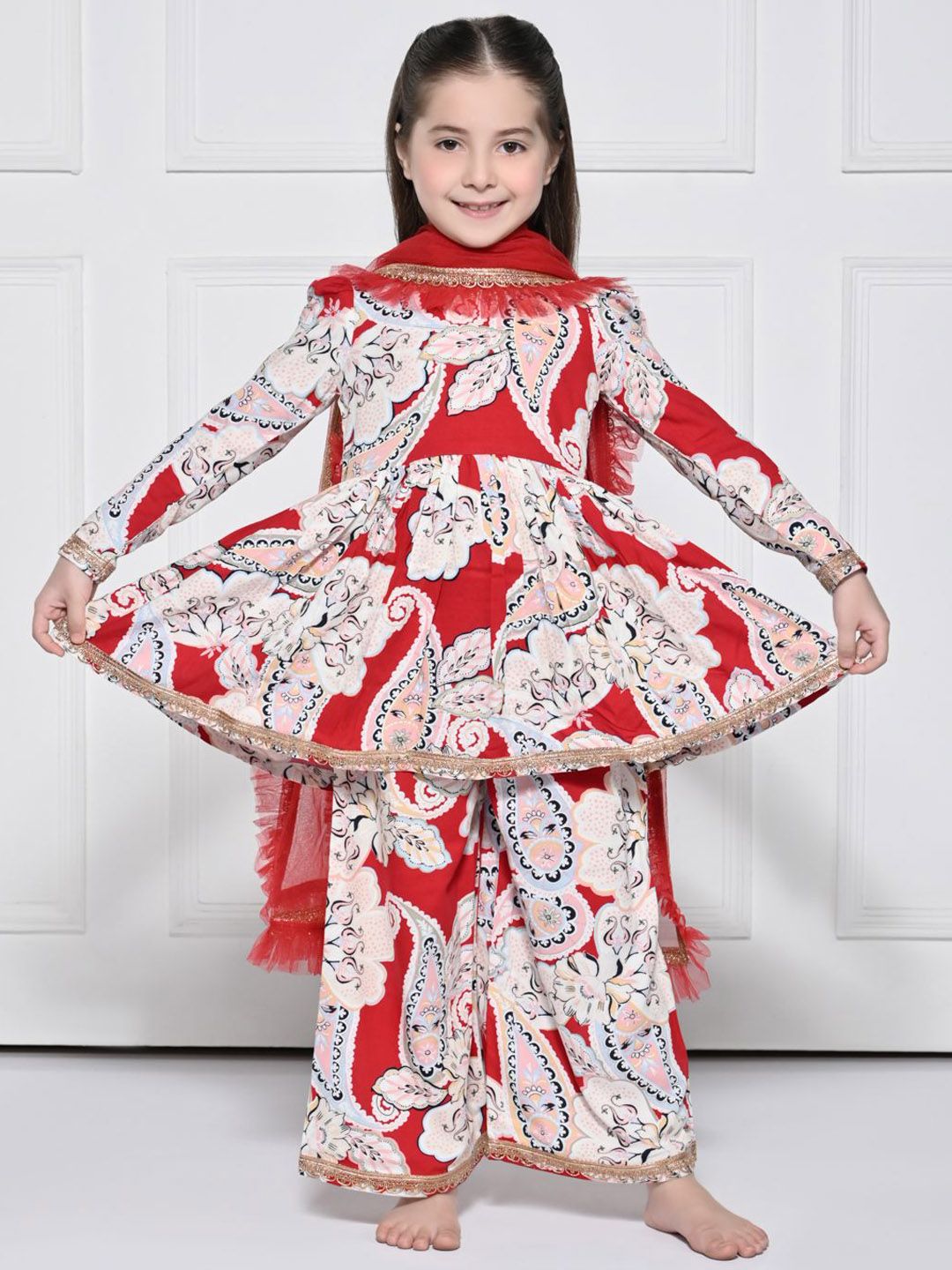 THE PONY & PEONY CO. Girls Printed Gotta Patti Cotton Kurta with Palazzos & Dupatta-picture-11