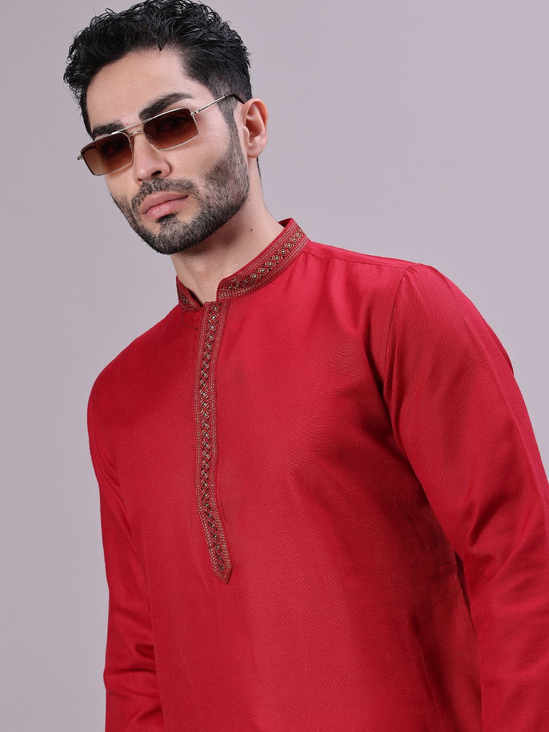 V-Mart Men Solid Mandarin Collar Thread Work Kurta-picture-21